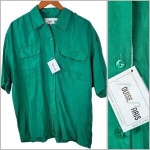 NEW Vintage Top Silk Button Up Size Medium Lightweight Flowy Louise Paris Green